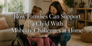 A woman and a young girl in a wheelchair sit together on a sofa reading a book in a cosy living room. Text overlay reads: “How Families Can Support a Child With Mobility Challenges at Home.”.