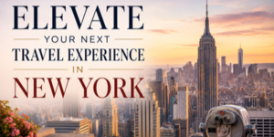 A promotional image of New York City at sunset, featuring the Empire State Building and skyline. Text reads: Elevate your travel experience in New York. A coin-operated viewer is in the foreground.