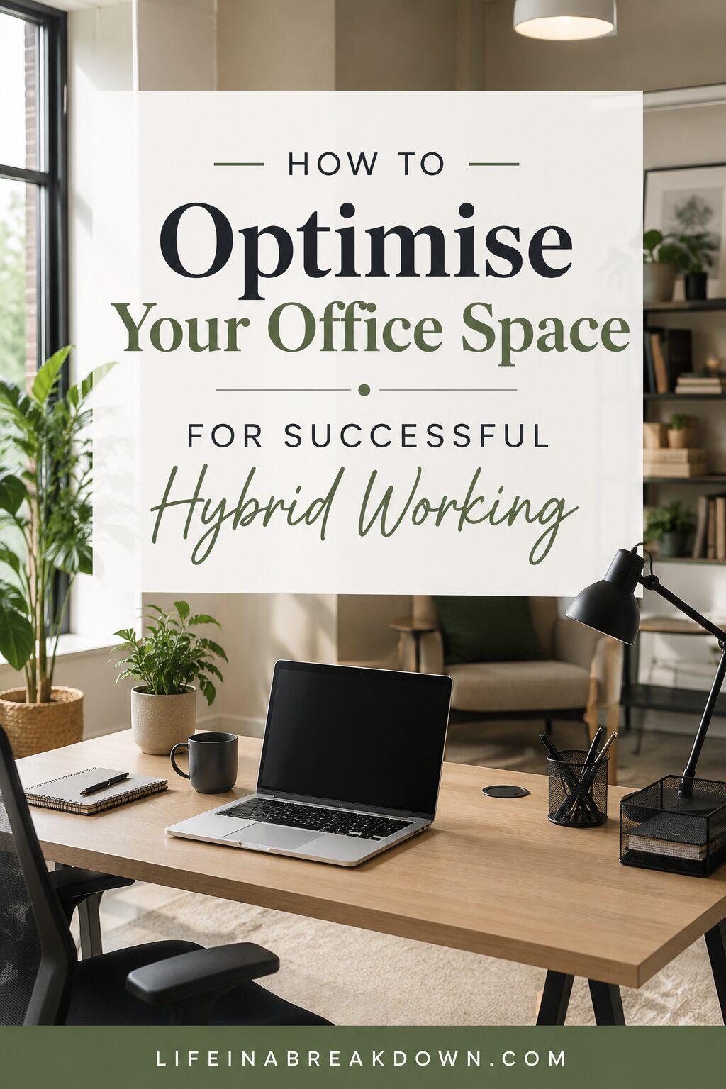 A modern home office with a laptop, lamp, and plants on a desk. A large sign reads, How to Optimise Your Office Space for Successful Hybrid Working. The website lifeinabreakdown.com is at the bottom.