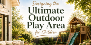 Sunny back garden with a wooden playset featuring slides and swings next to a house; text reads, Designing the Ultimate Outdoor Play Area for Children. Trees and greenery create a welcoming play environment.