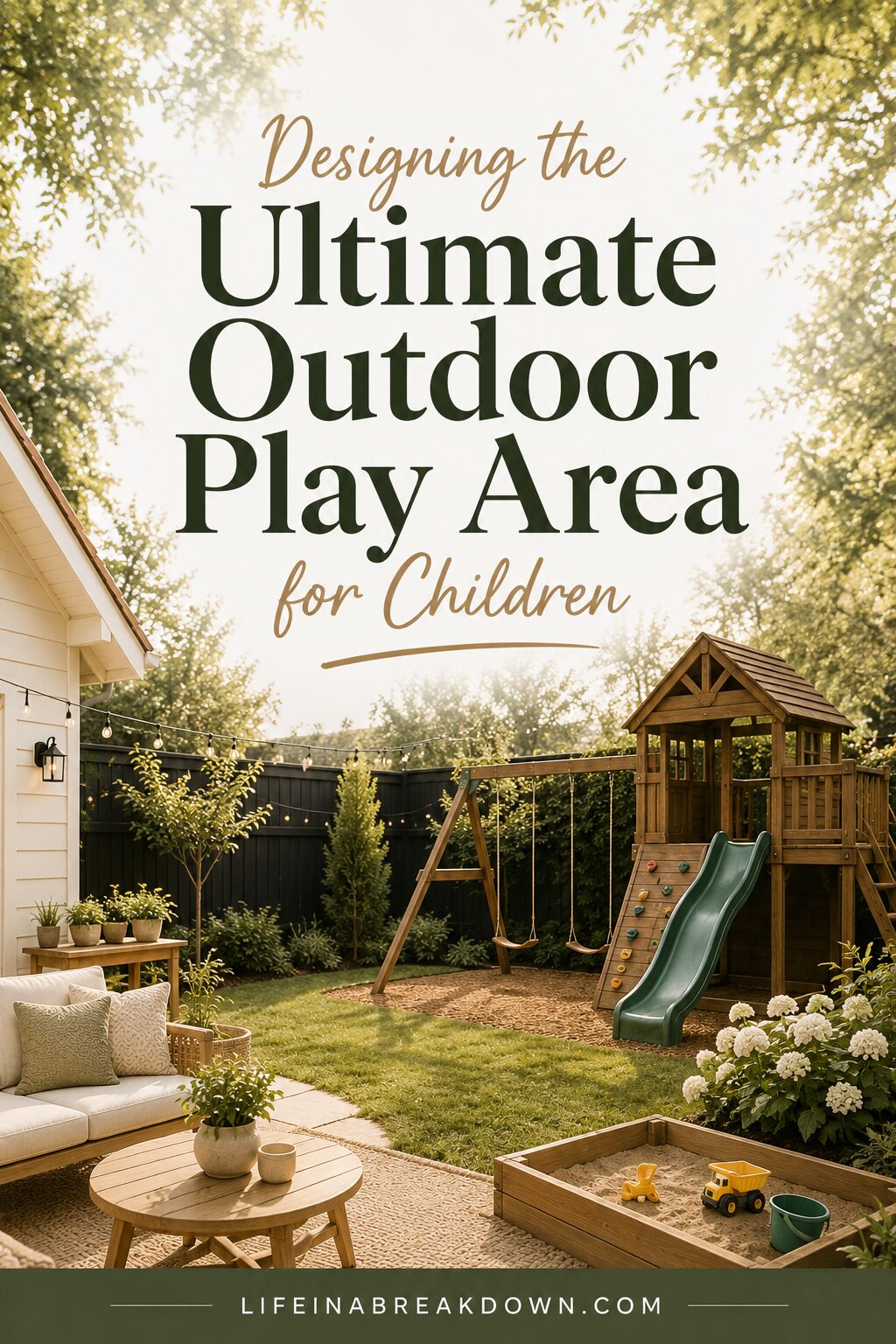 A cosy back garden play area featuring a wooden playset with a slide, swings, and climbing wall, surrounded by greenery. A seating area with cushions and a coffee table is in the foreground. Text reads: “Designing the Ultimate Outdoor Play Area for Children.”.