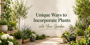 A sunlit garden with various potted and planted greenery, flowers, and gardening tools. Text reads: Unique Ways to Incorporate Plants into Your Garden.