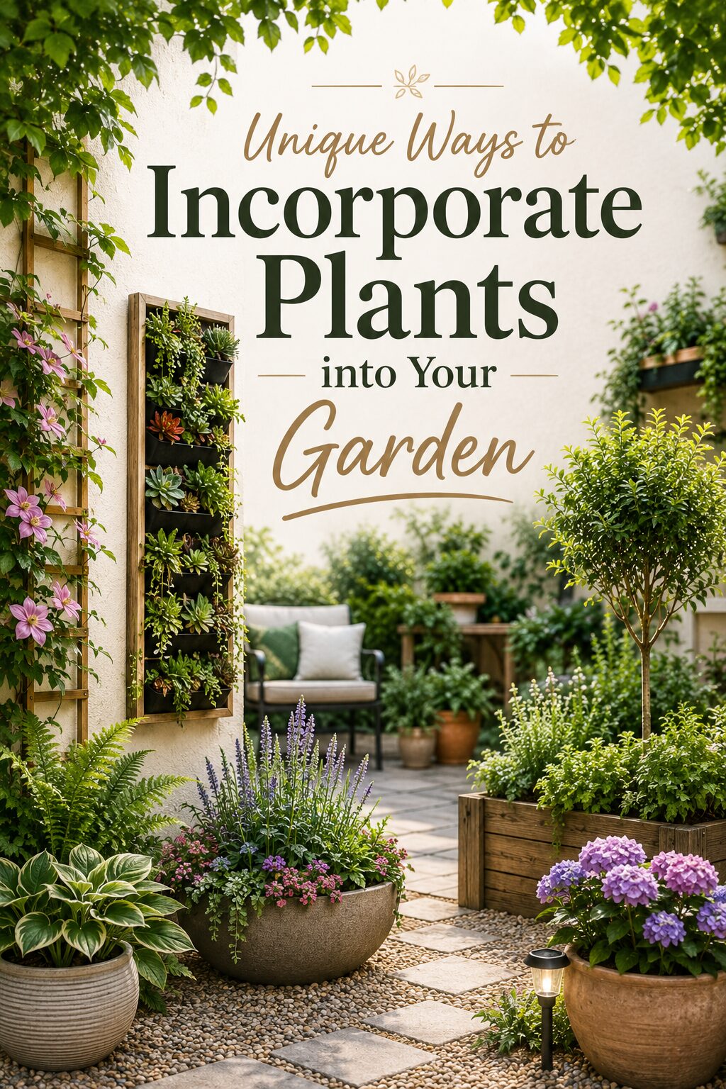 A lush garden with potted flowers, a vertical wall planter, green foliage, and cosy outdoor seating, with text: Unique Ways to Incorporate Plants into Your Garden.