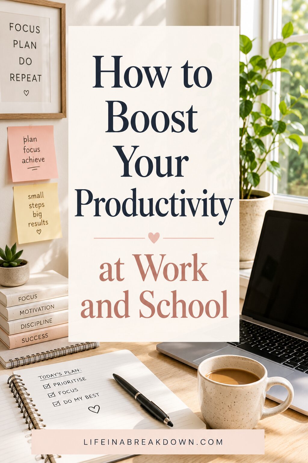 A workspace with a laptop, books, notebook, pen, and a cup of coffee. A sign reads How to Boost Your Productivity at Work and School with motivational notes and a to-do list nearby. Sunlight streams in through a window.