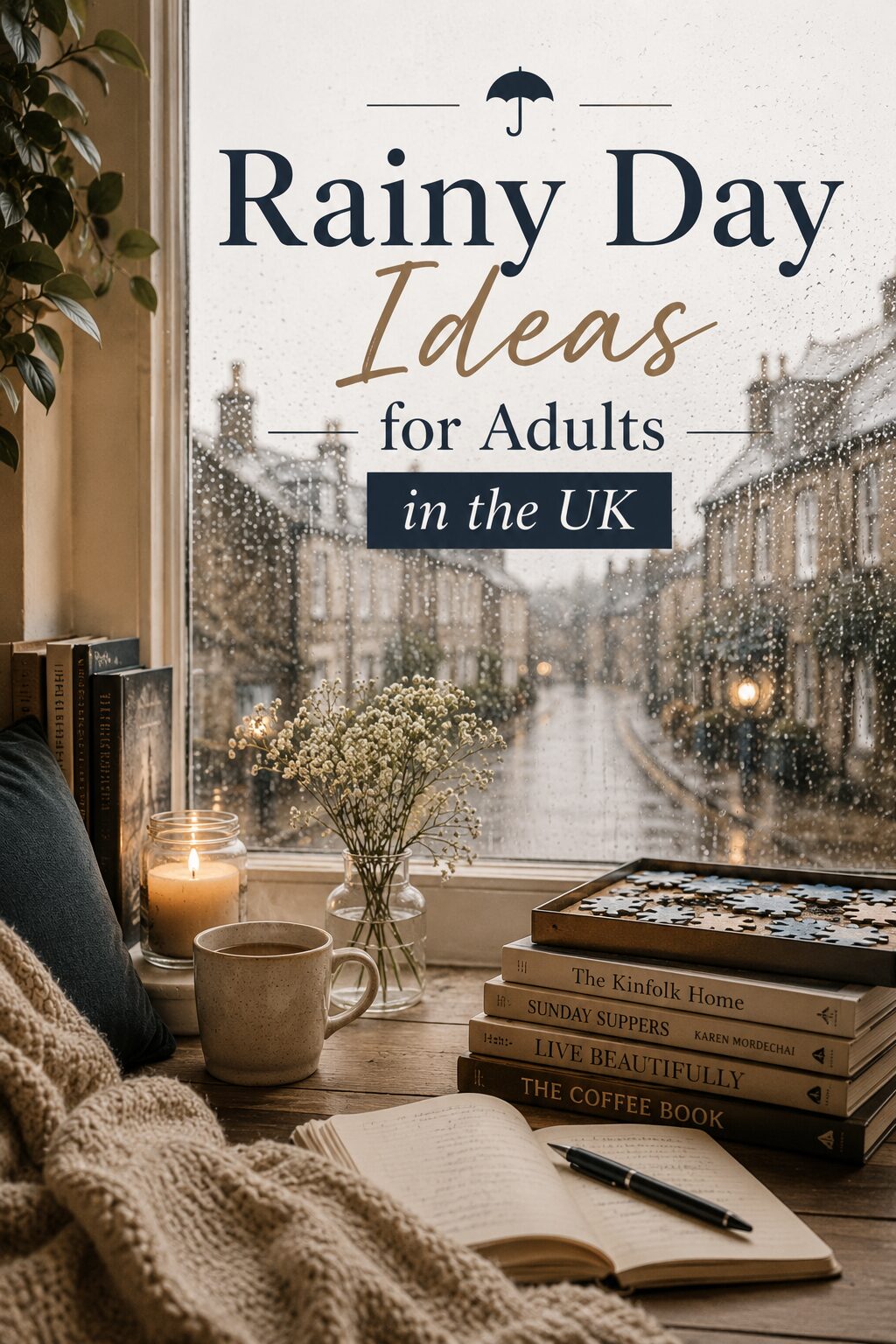A cosy scene by a rainy window with books, a notebook, pen, glasses, a cup of coffee, a candle, and flowers. Text reads: “Rainy Day Ideas for Adults in the UK.”.