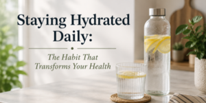 A glass and a bottle of water with lemon slices sit on a kitchen worktop, next to text that reads, Staying Hydrated Daily: The Habit That Transforms Your Health.