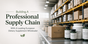 A warehouse with shelves of boxes and bottles labelled Premium Quality. Text reads: Building A Professional Supply Chain With A Leading European Food Supplement Wholesaler.