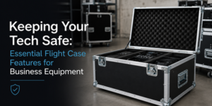 An open black flight case with cushioned interior sits in a warehouse. Text reads: Keeping Your Tech Safe: Essential Flight Case Features for Business Equipment. Other cases are visible in the background.