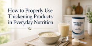 A canister of thickening powder, a glass of thickened beverage, and a bowl of thickened food on a kitchen worktop. Text reads: How to Properly Use Thickening Products in Everyday Nutrition.
