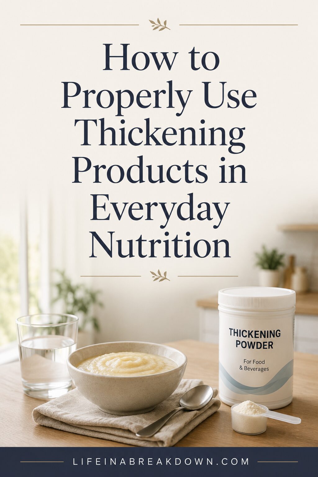 A bowl of thickened food, a glass of water, a spoon, and a container labelled “Thickening Powder” are on a table. Large text above reads, How to Properly Use Thickening Products in Everyday Nutrition.