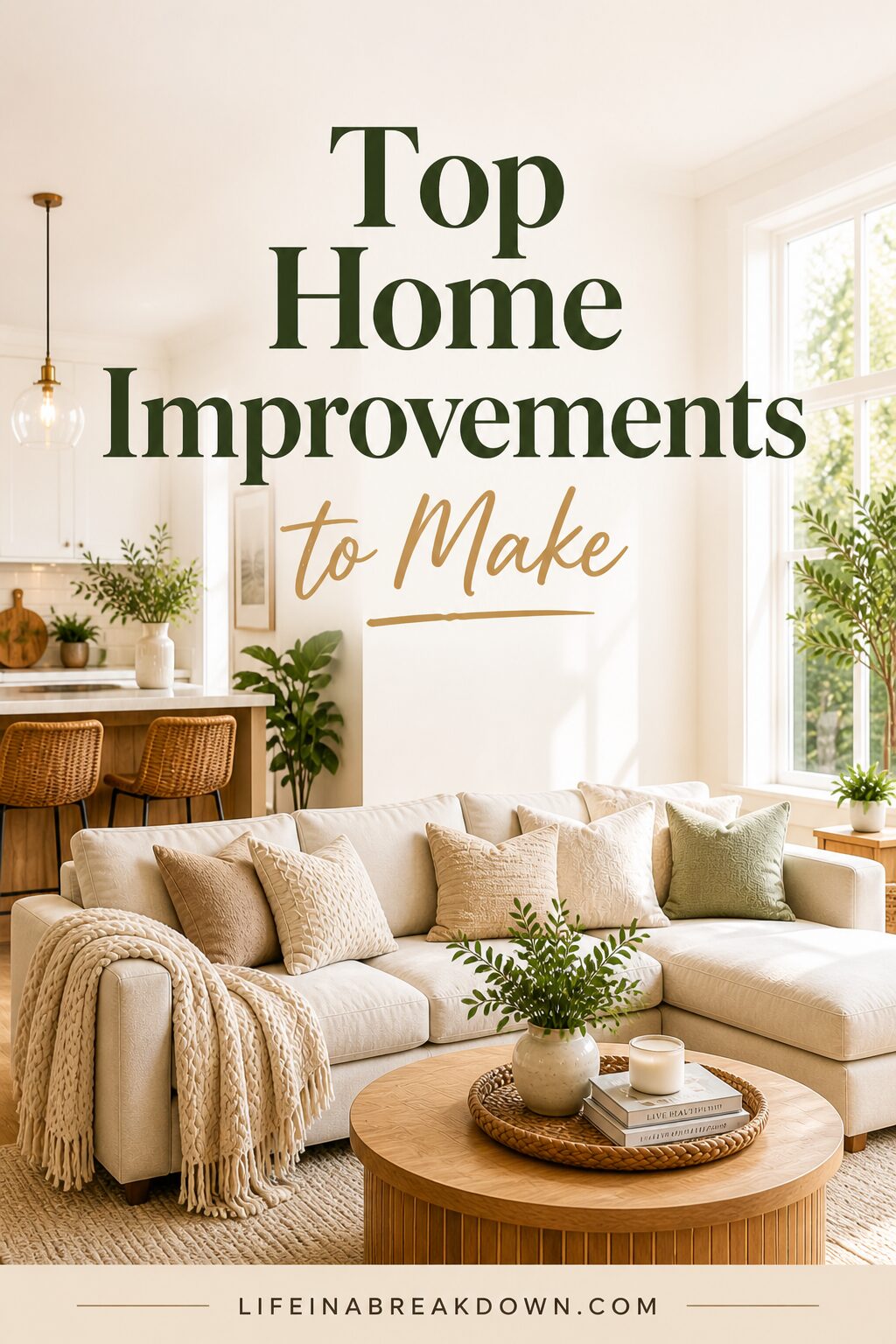 Bright living room with a cosy beige corner sofa, throw blankets, and accent cushions. A round wooden coffee table with decor is in front, and a kitchen with bar stools is visible in the background. Text reads Top Home Improvements to Make.