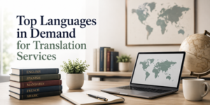 A desk with a laptop displaying a world map, a notebook, and a stack of books labelled with languages: English, Spanish, Mandarin, French, and Arabic. Text reads: Top Languages in Demand for Translation Services.