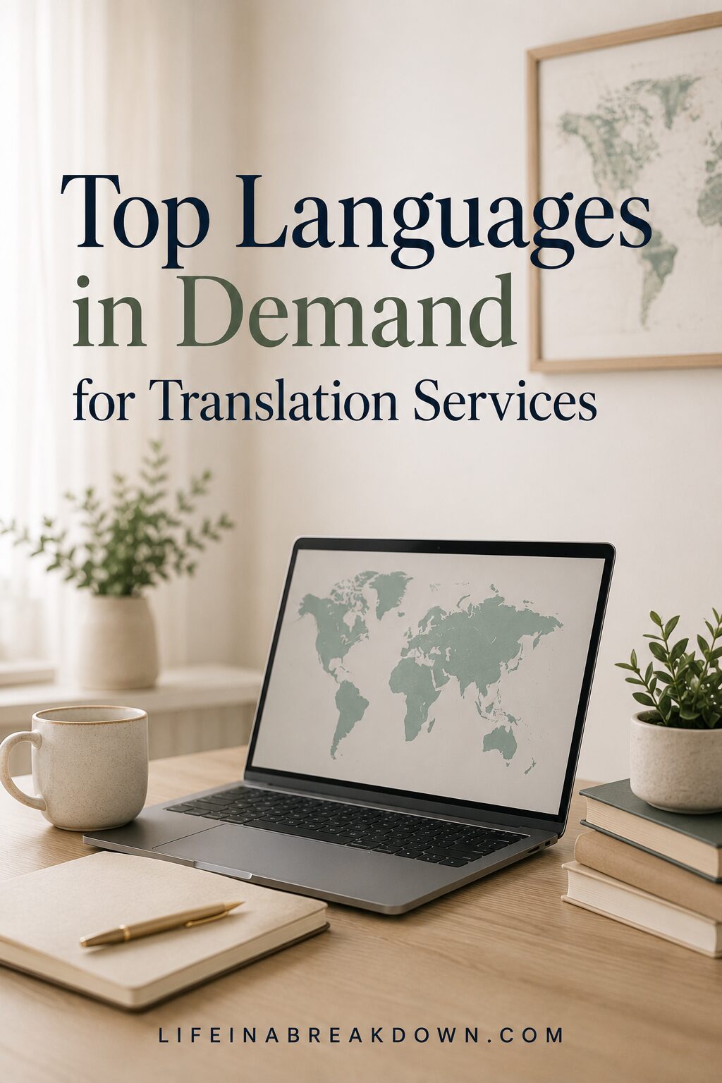 A laptop displaying a world map sits on a desk with a coffee cup, plant, and notebooks. Text reads, “Top Languages in Demand for Translation Services.” A framed map hangs on the wall.