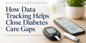 A blood glucose metre, test strip, lancet, and smartphone displaying a graph sit on a table next to a plant. Text reads: How Data Tracking Helps Close Diabetes Care Gaps.