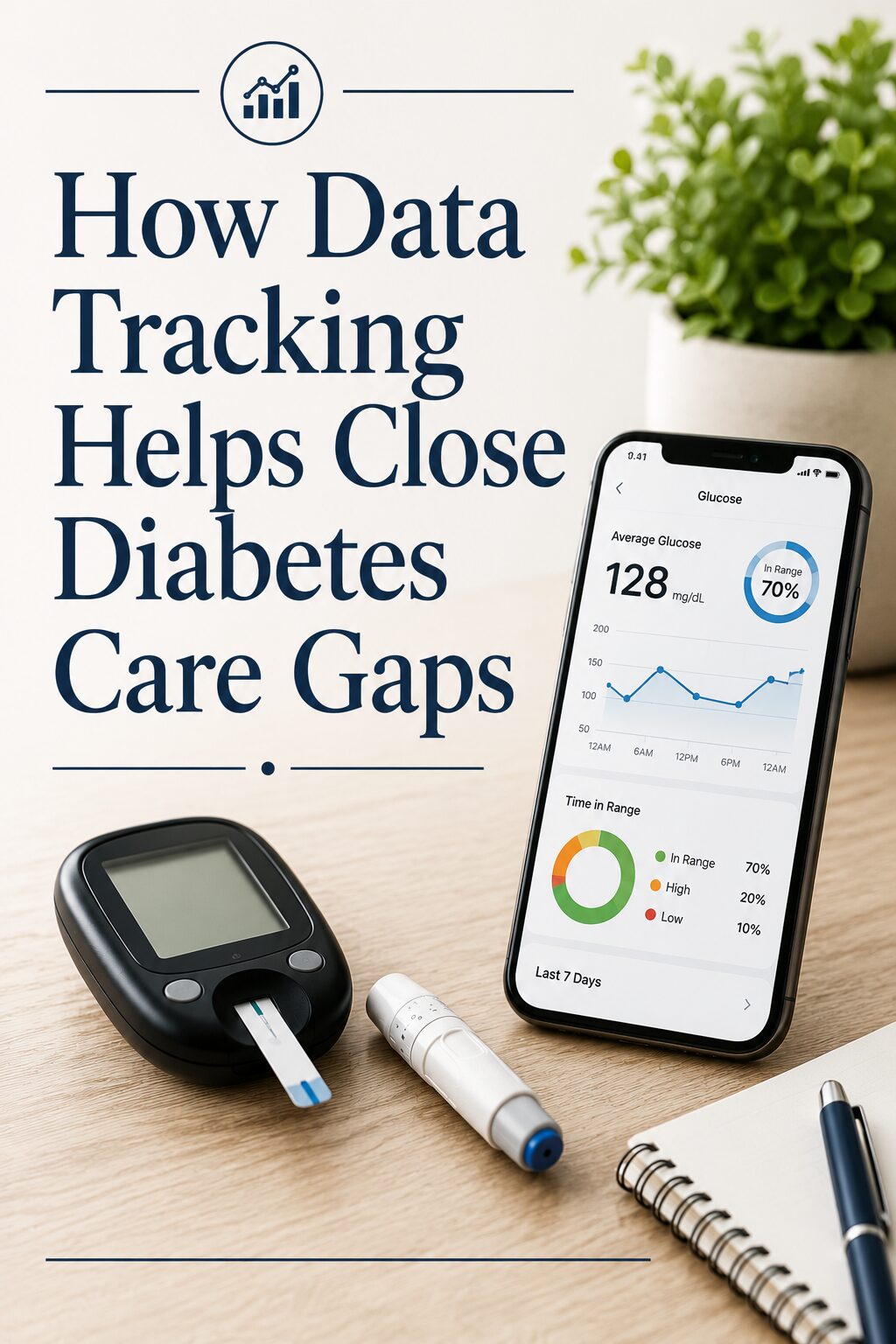 A blood glucose metre, test strips, and a smartphone displaying a glucose tracking app sit on a desk with a notebook and pen, alongside text: How Data Tracking Helps Close Diabetes Care Gaps.