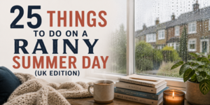Text on image reads “25 Things To Do on a Rainy Summer Day (UK Edition)”. A window shows rain outside, with cosy blankets, a candle, books, a plant, and a mug of tea on the windowsill.