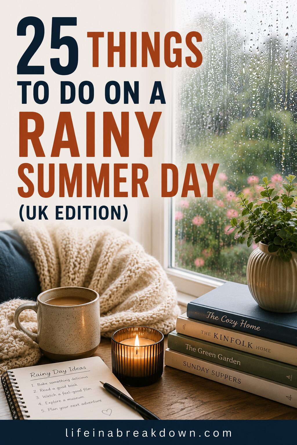 A cosy scene by a rainy window with a mug, a lit candle, a notepad titled Rainy Day Ideas, a plant, and stacked books. Text reads, 25 Things To Do On A Rainy Summer Day (UK Edition).