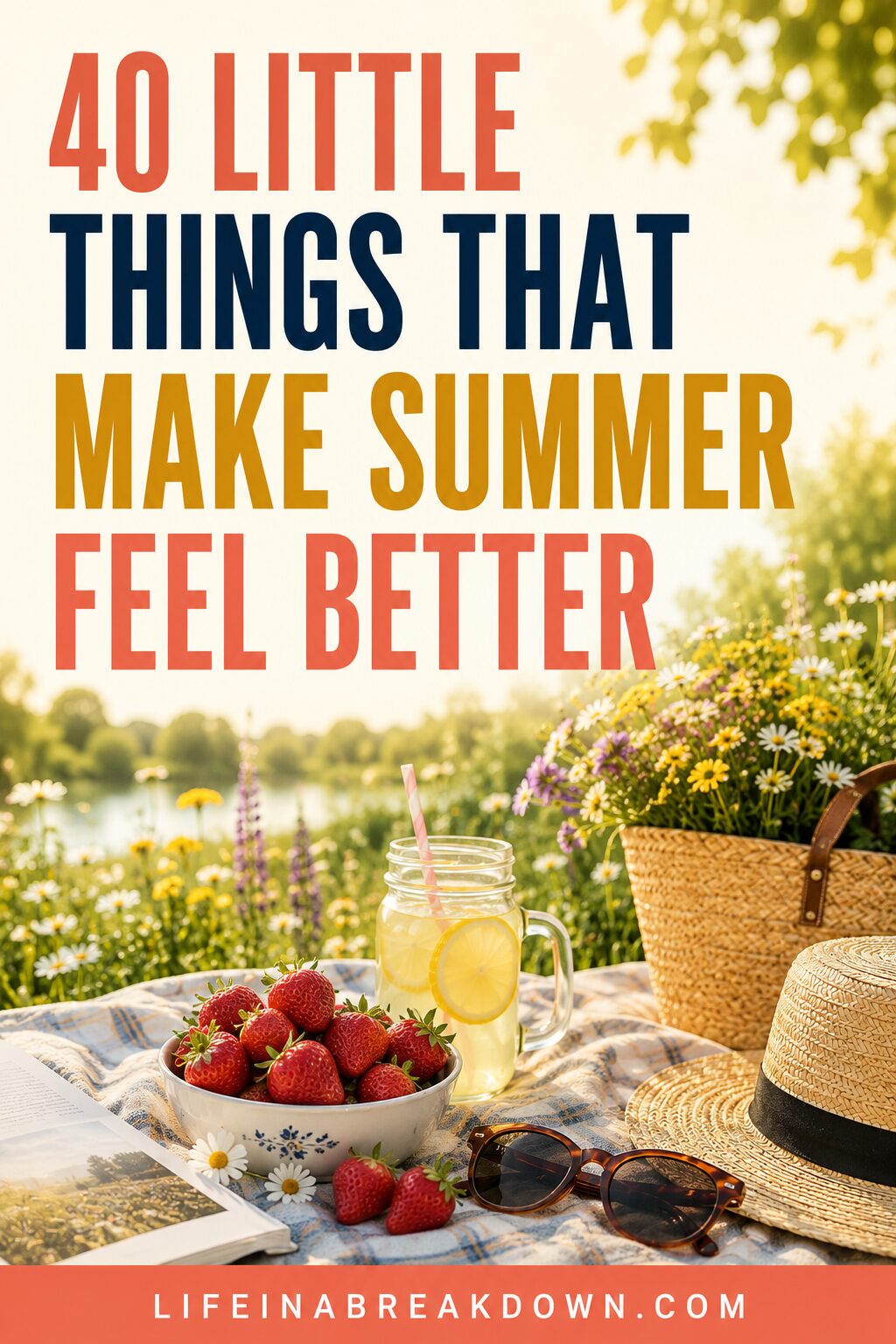 A summer picnic scene with a bowl of strawberries, lemonade, sunglasses, a hat, and flowers on a chequered cloth. Text reads: 40 little things that make summer feel better. lifeinabreakdown.com.