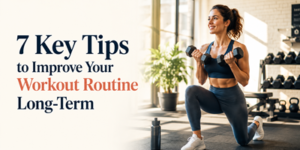 A woman wearing workout clothes performs a lunge while lifting dumbbells in a gym. Text reads: 7 Key Tips to Improve Your Workout Routine Long-Term.