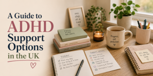 A cosy workspace with notebooks, a mug labelled Progress, not perfection, a support options list, plants, and books. Text reads: A Guide to ADHD Support Options in the UK.
