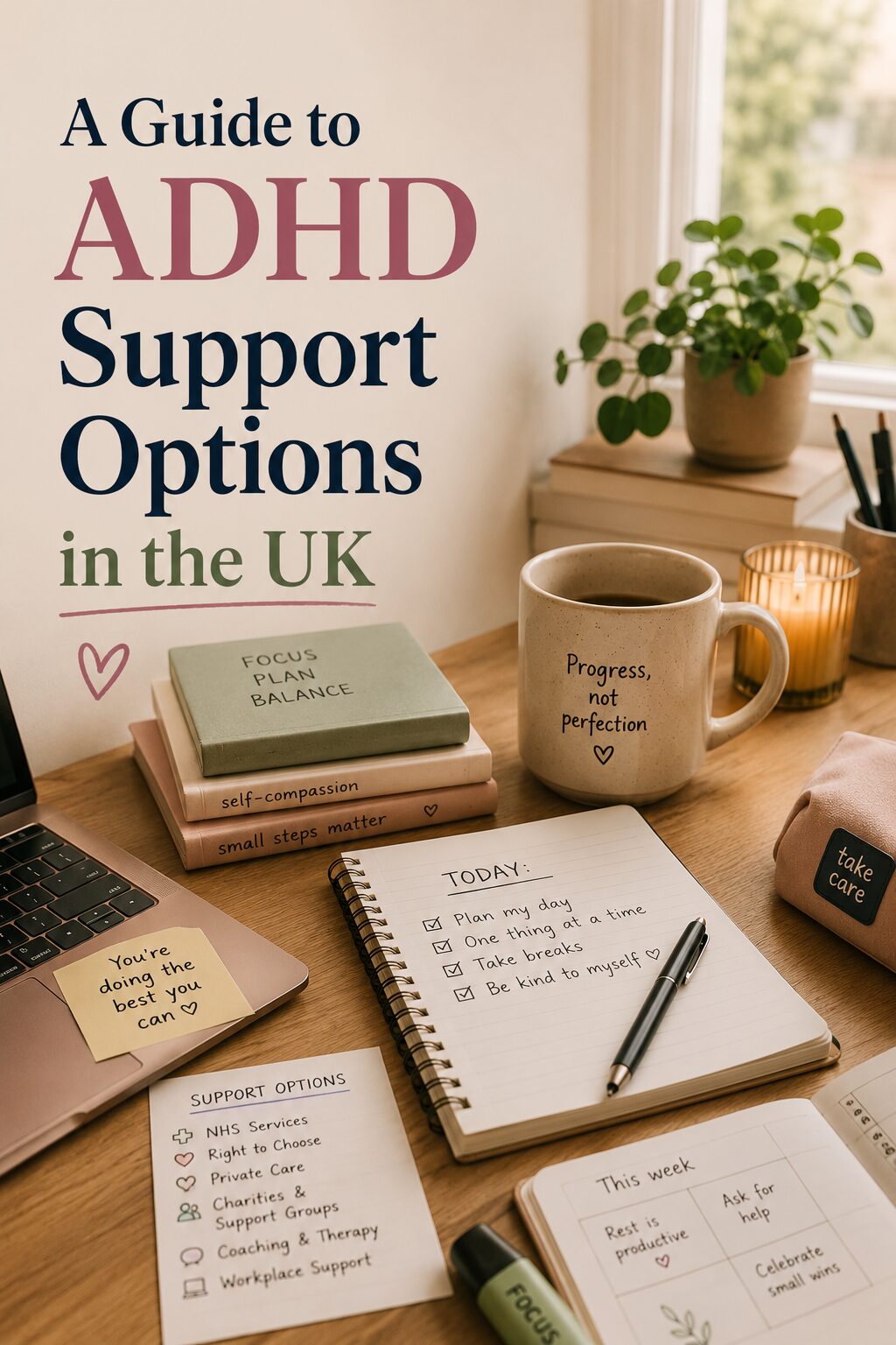 A tidy desk with a laptop, notebooks, a mug labelled “Progress, not perfection,” checklist, pen, plant, and sticky notes about self-compassion and balance. Text reads: A Guide to ADHD Support Options in the UK.