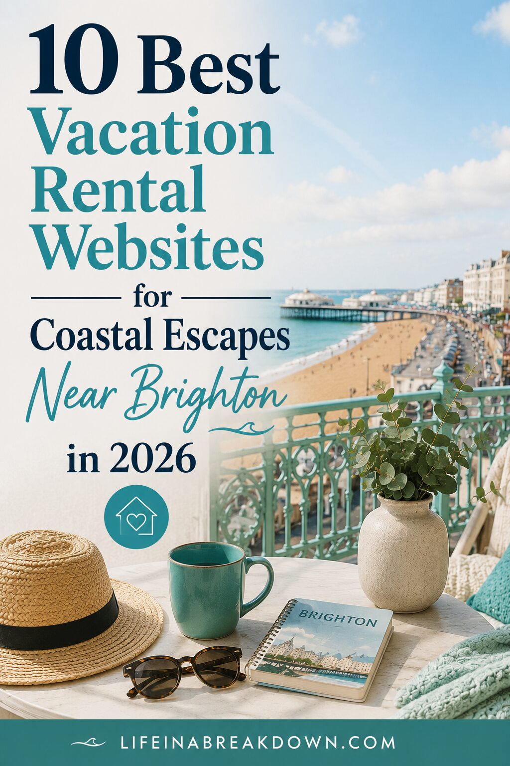 A sunhat, teal mug, book, and potted plant sit on a balcony table overlooking Brighton beach and seaside buildings. Text reads: 10 Best Holiday Rental Websites for Coastal Escapes Near Brighton in 2026.