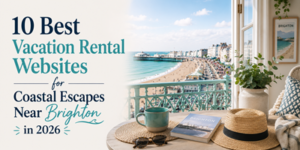 A cosy table with coffee, a book, sunglasses, and a straw hat overlooks Brighton beach and pier, with the text “10 Best Holiday Rental Websites for Coastal Escapes Near Brighton in 2026.”.