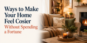 Cosy living room with a sofa, cushions, blanket, bookshelves, plants, and a lit fireplace. Text reads: Ways to Make Your Home Feel Cosier Without Spending a Fortune.