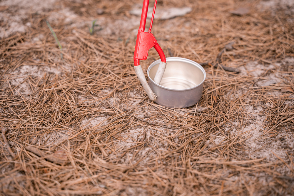 A metal mug with a red folding handle stands on dry ground covered with pine needles.