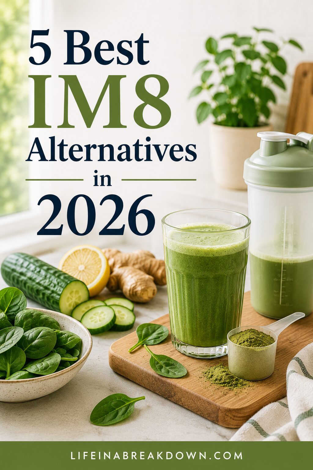 A green smoothie in a glass is surrounded by spinach, cucumber, ginger, lemon, and a scoop of green powder. A shaker bottle and plant are in the background. Text reads: 5 Best IM8 Alternatives in 2026.