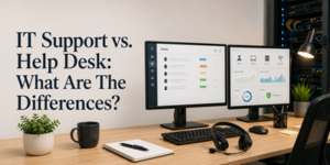 A modern office desk with two monitors displaying tickets and analytics, a keyboard, headphones, coffee mug, notebook, and plant. Text on the left reads: IT Support vs. Helpdesk: What Are The Differences?.
