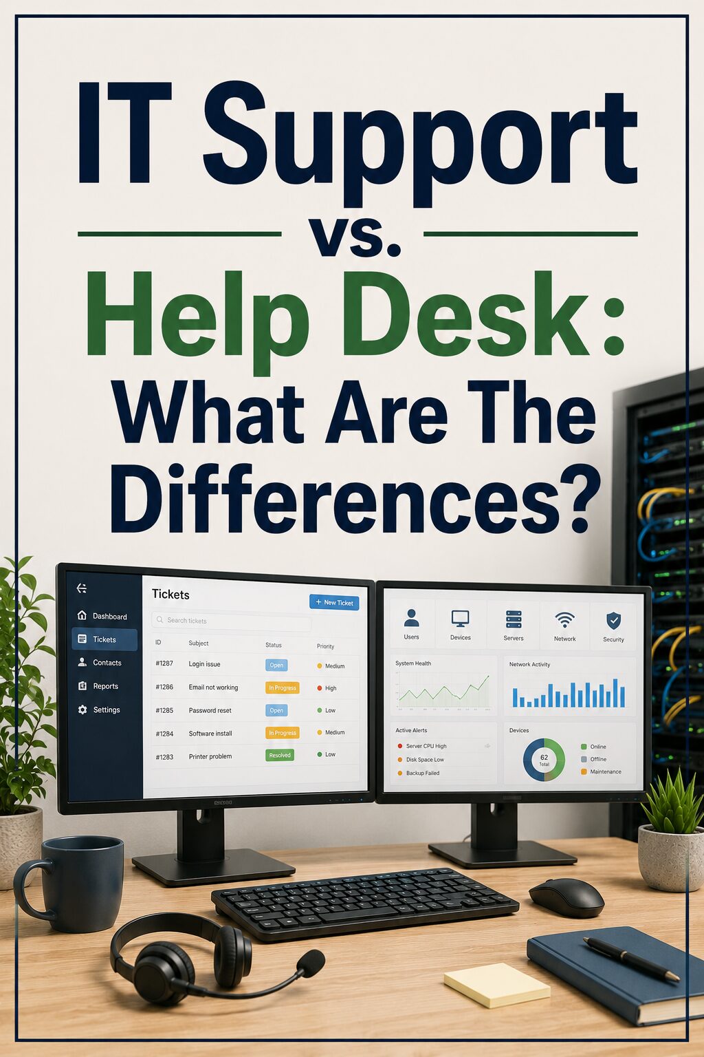 A workspace with two computer monitors displaying dashboards, a keyboard, mouse, headset, coffee mug, and notepad. Text reads: IT Support vs. Helpdesk: What Are The Differences?.