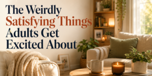 A cosy living room with a white sofa, green cushions, plants, a lit candle, and ceramic mugs. Text reads: “The Weirdly Satisfying Things Adults Get Excited About.”.