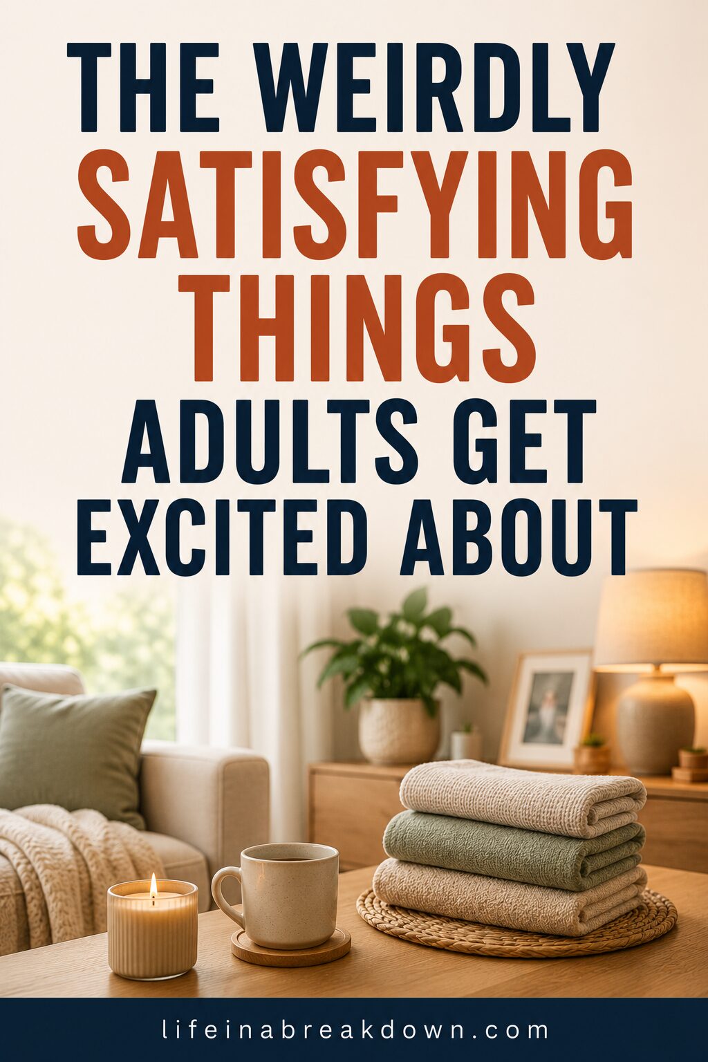 A neatly stacked pile of folded towels, a lit candle, and a coffee mug on a table in a cosy living room with text: The weirdly satisfying things adults get excited about.