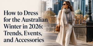 Woman in stylish winter clothing, including a long beige coat, scarf, and sunglasses, walks outdoors in a city with tall buildings. Text reads, How to Dress for the Australian Winter in 2026: Trends, Events, and Accessories.
