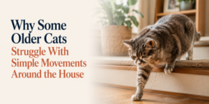 A tabby cat steps slowly down wooden stairs next to text that reads: Why Some Older Cats Struggle With Simple Movements Around the House. A plant is visible in the background.