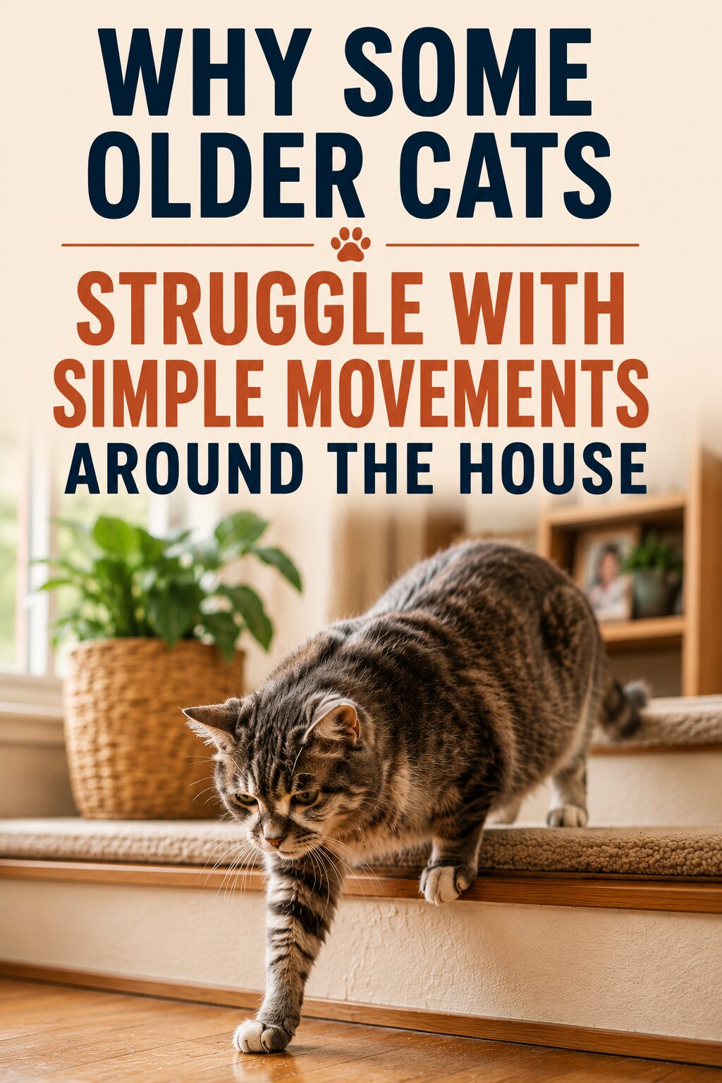 A tabby cat slowly steps down from a carpeted surface in a lounge. Text above reads: Why some older cats struggle with simple movements around the house.