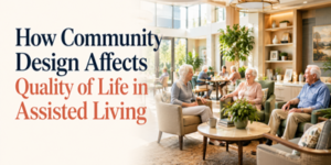 Three pensioners sit and talk in a bright, modern living room with large windows and plants. Text reads: “How Community Design Affects Quality of Life in Assisted Living.”.