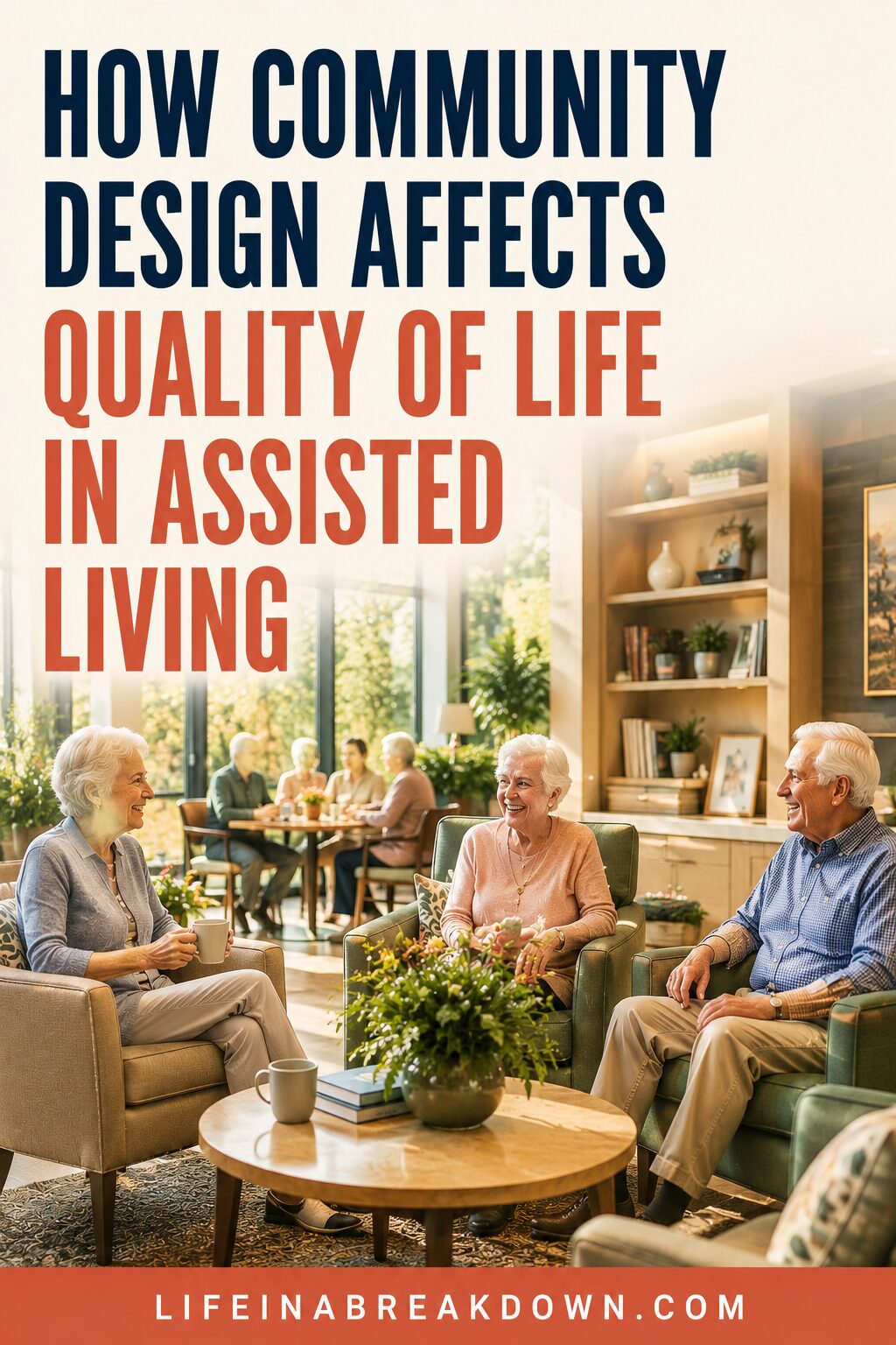 Three seniors sit and smile together in a bright, cosy assisted living common area with large windows and modern décor. Text reads: “How Community Design Affects Quality of Life in Assisted Living.”.