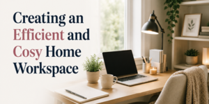 A home workspace with a laptop, notebook, coffee cup, plant, and lamp on a wooden desk, next to a window and shelves; text reads “Creating an Efficient and Cosy Home Workspace”.
