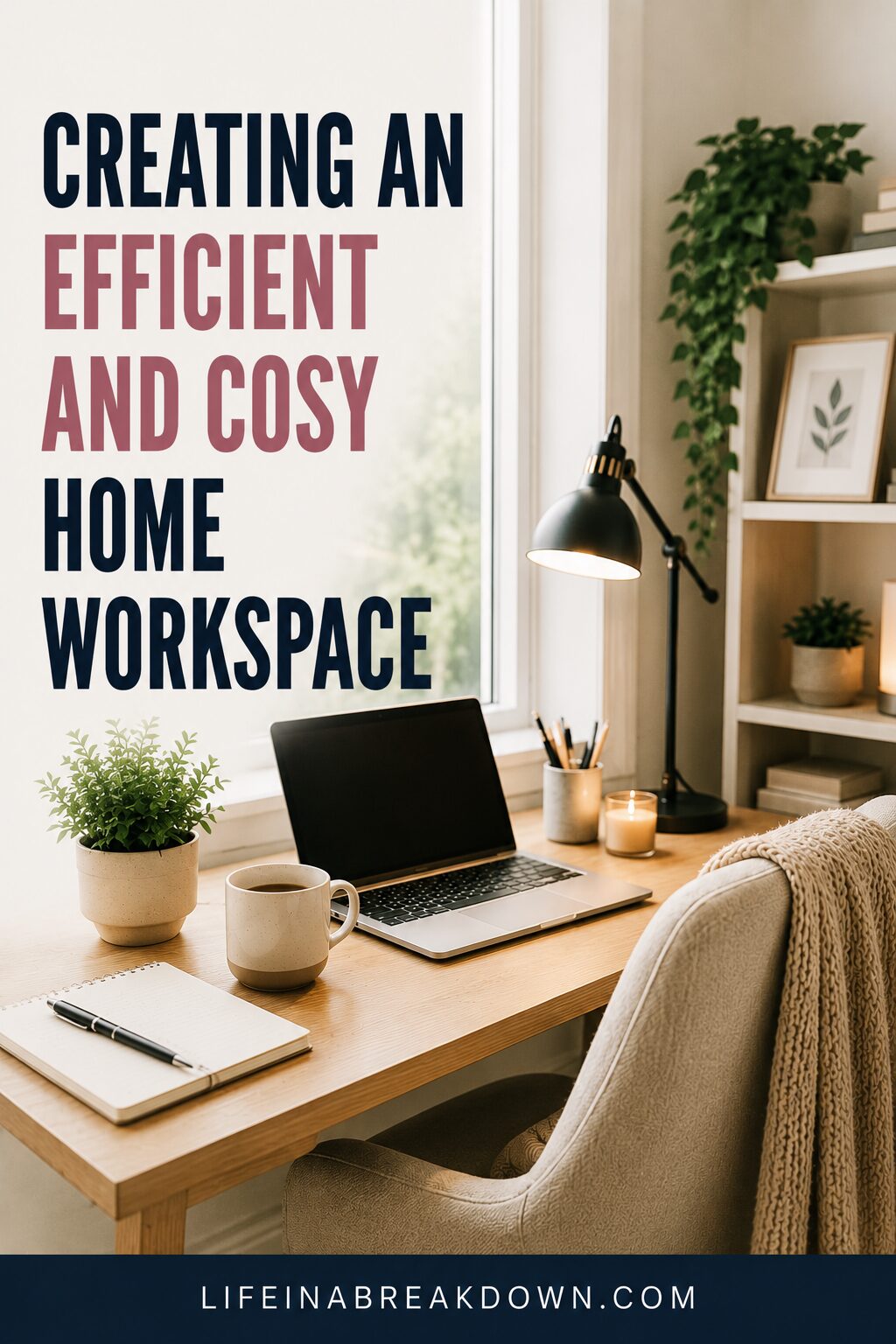 A tidy home workspace with a laptop, lamp, notepad, coffee mug, potted plants, and candles on a wooden desk beside a window, with a cosy chair and shelves in the background. Text reads, “Creating an efficient and cosy home workspace.”.