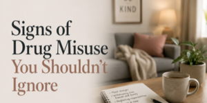A cosy living room with a sofa, lamp, and plant. In the foreground, a notebook and mug sit on a table. Text reads: Signs of Drug Misuse You Shouldn’t Ignore.