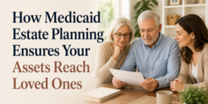 Three older adults sit together at a table reviewing papers, with the text: How NHS Estate Planning Ensures Your Assets Reach Loved Ones displayed beside them.