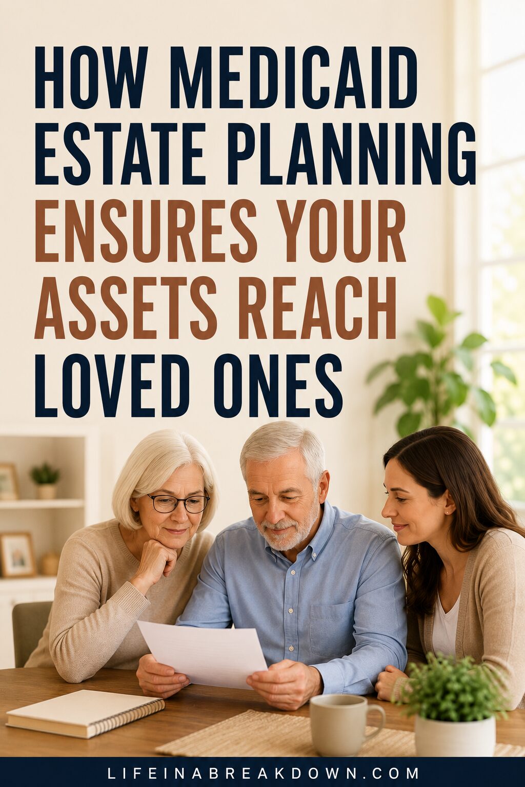 Three people, an elderly couple and a younger woman, sit at a table reviewing a document together. Large text above them reads, How Medicaid Estate Planning Ensures Your Assets Reach Loved Ones.