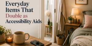 A cosy bedroom with a mug, remote, and glasses on a wooden table, a bed with pillows, a lamp, a plant, and a walking stick leaning against the bedside table. Text reads: Everyday Items That Double as Accessibility Aids.