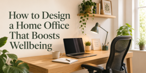 A tidy home office with a wooden desk, laptop, notebook, lamp, chair, houseplants, and framed art. Large window lets in natural light. Text reads: How to Design a Home Office That Boosts Wellbeing.
