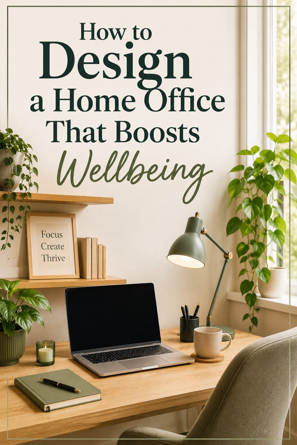 A tidy home office with a laptop, desk lamp, coffee mug, and plants. Wooden shelves hold books and a framed print reading Focus Create Thrive. Text on wall says, How to Design a Home Office That Boosts Wellbeing.