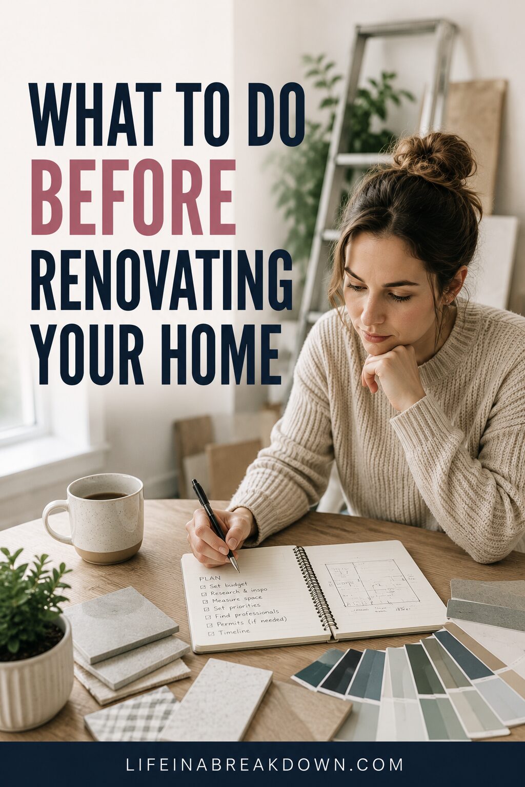 A woman sits at a desk with a notebook, paint colour charts, and a coffee mug, planning a home renovation. The text reads: What to do before renovating your home.
