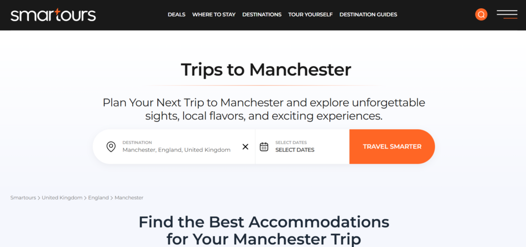 Screenshot of a travel booking website for trips to Manchester, showing a search bar to select destination and dates, and an orange Travel Smarter button. Header reads Holidays to Manchester with planning suggestions.