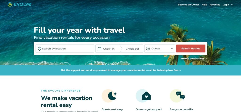 Screenshot of Evolve’s website homepage featuring a tropical ocean background, a search bar for holiday rentals by location, dates, and guests, and navigation links at the top for owners, help, favourites, and log in.